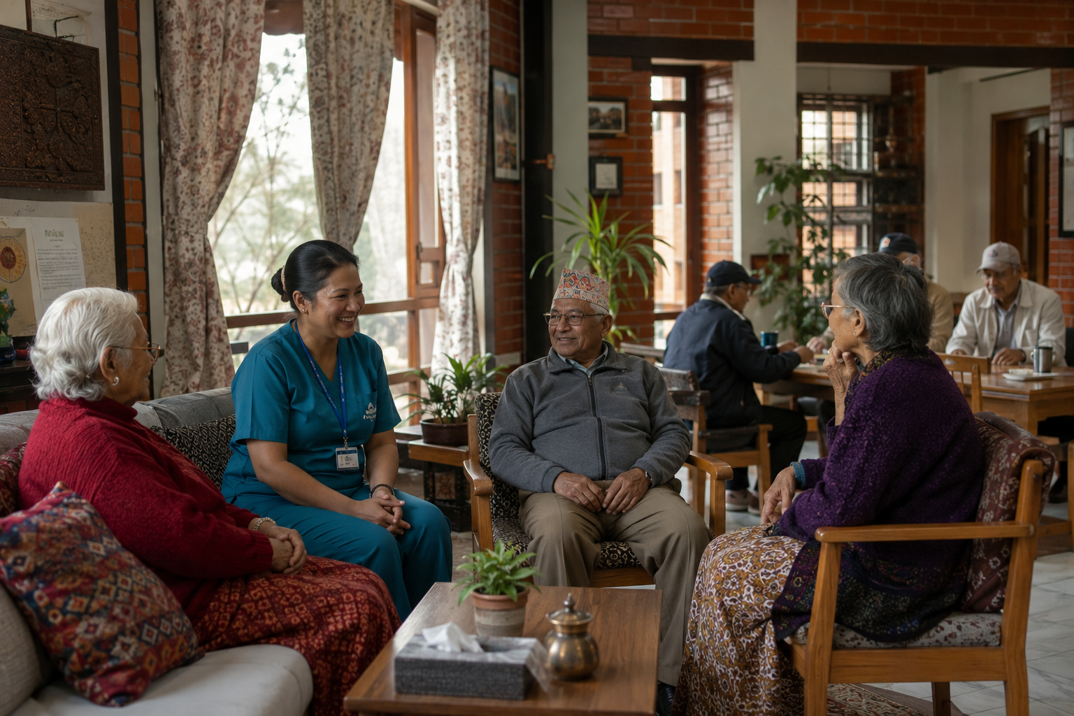 A calm, light-filled Arogin living space with residents and carers